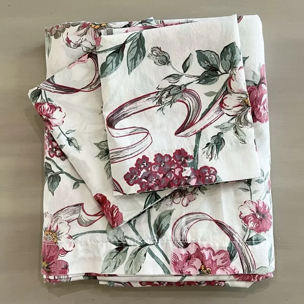 VTG Percale Thomaston Queen Flat Sheet & 2 Pillow Cases English Garden Floral - Picture 2 of 6